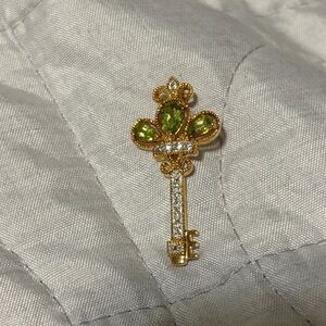 Gold and Green Gemstone Key Brooch